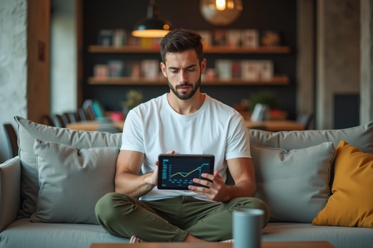 Jeune entrepreneur consultant un tableau de bord digital pour optimiser sa visibilité sur internet