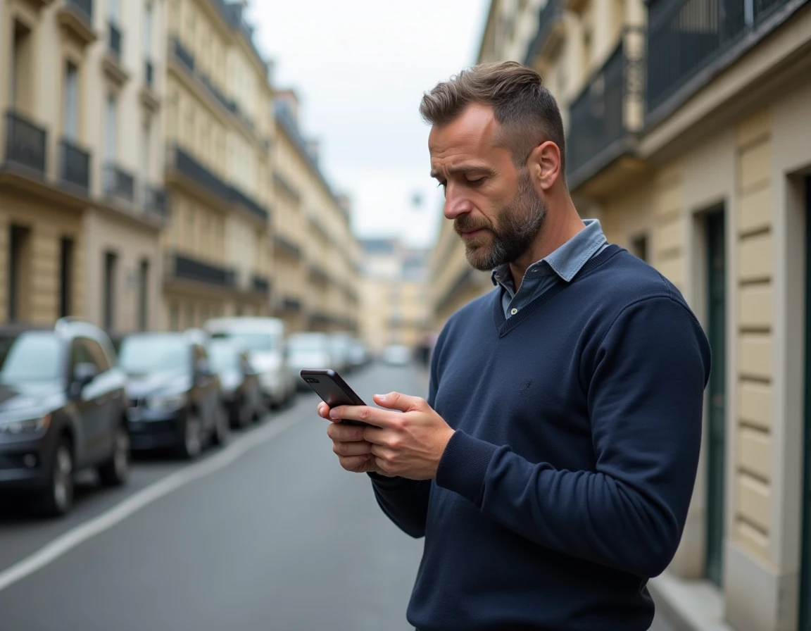 Homme consultant une application d'annonces immobilières devant un immeuble haussmannien à Paris