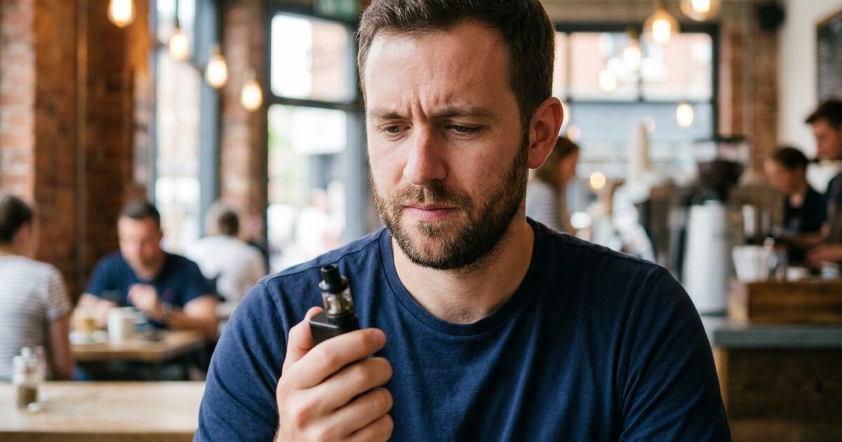 Homme tenant une cigarette électronique et réfléchissant avant de la partager avec quelqu'un d'autre