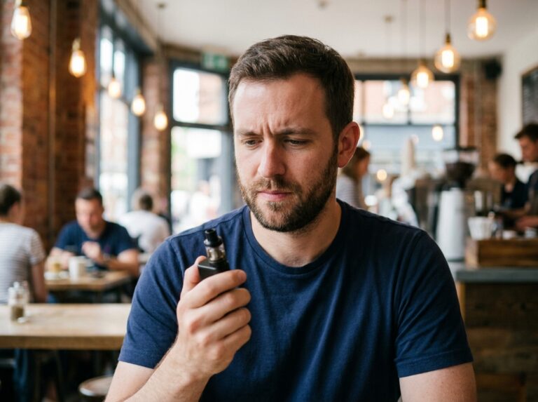Homme tenant une cigarette électronique et réfléchissant avant de la partager avec quelqu'un d'autre