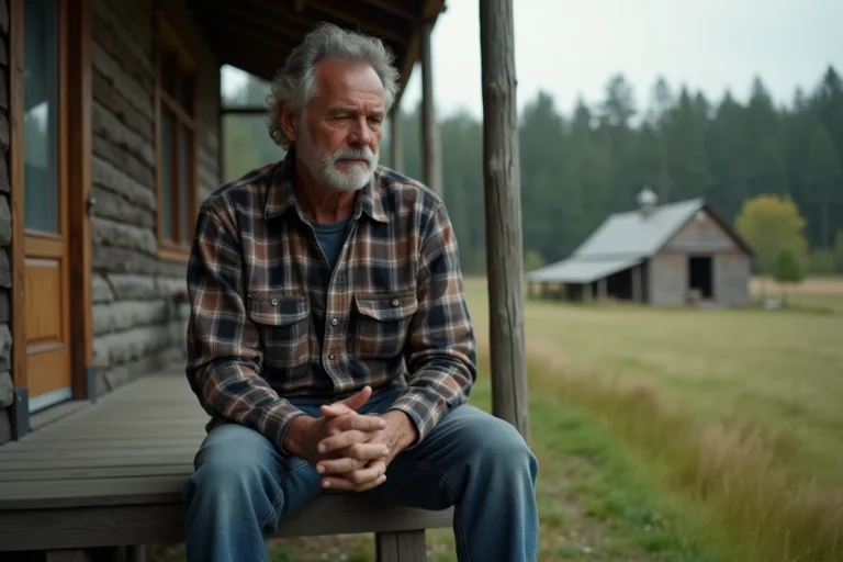 Homme assis seul sur les marches d'une ferme rustique, regard contemplatif, atmosphère mélancolique et rurale évoquant la tristesse familiale