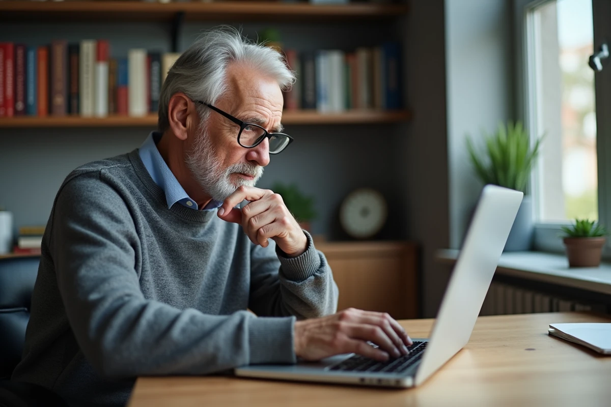 Homme senior créant son profil sur un site de rencontres pour seniors depuis son bureau à domicile