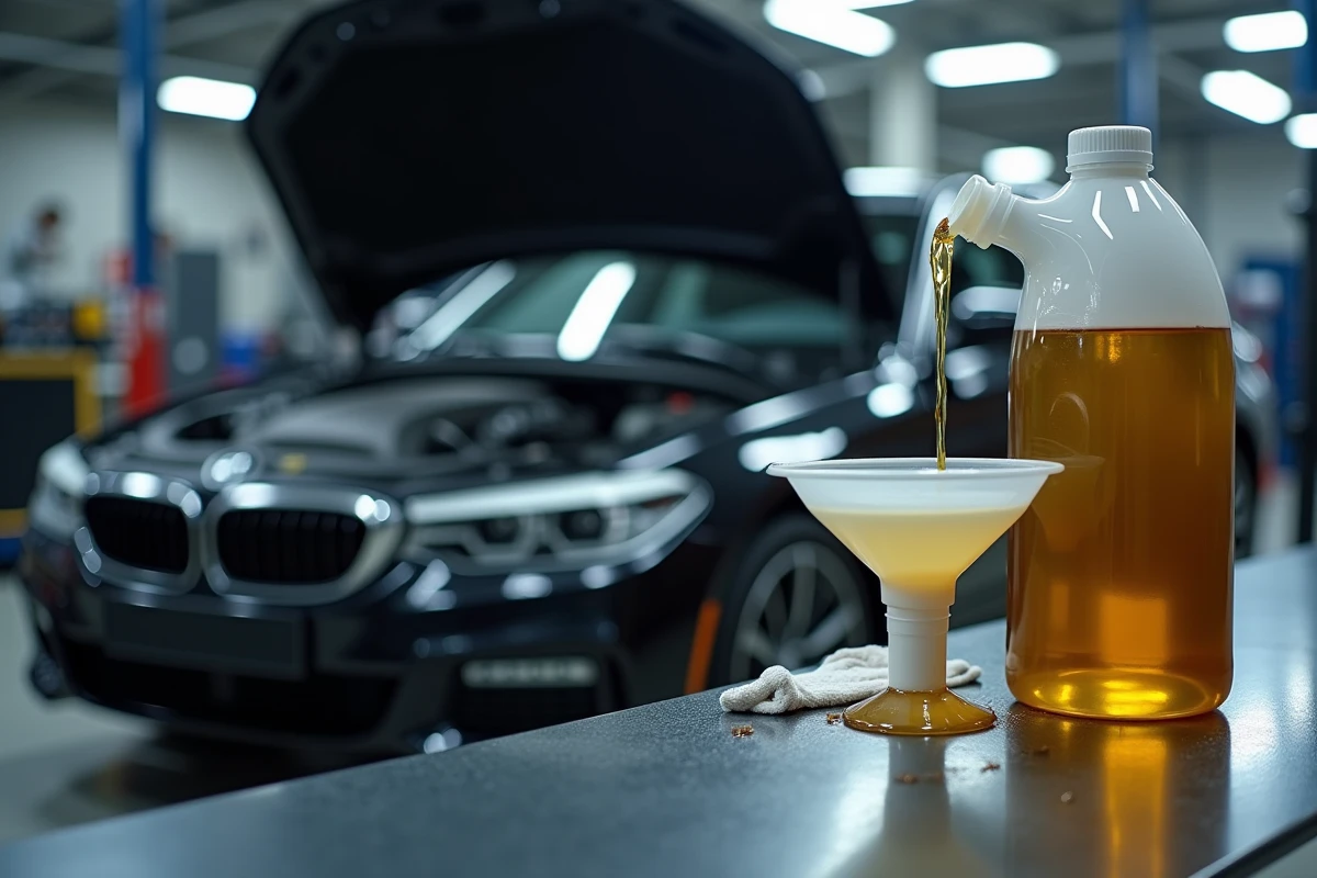 Versement d'huile moteur synthétique BMW dans le compartiment moteur d'une berline lors d'une vidange