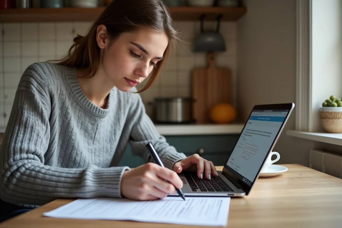 Jeune femme remplissant une fiche individuelle d'état civil à la maison