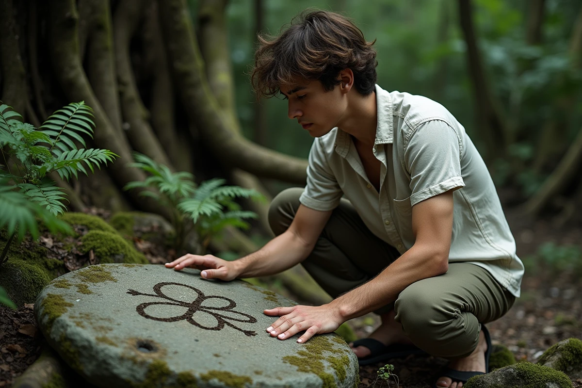 Jeune homme découvrant un symbole gravé dans la pierre