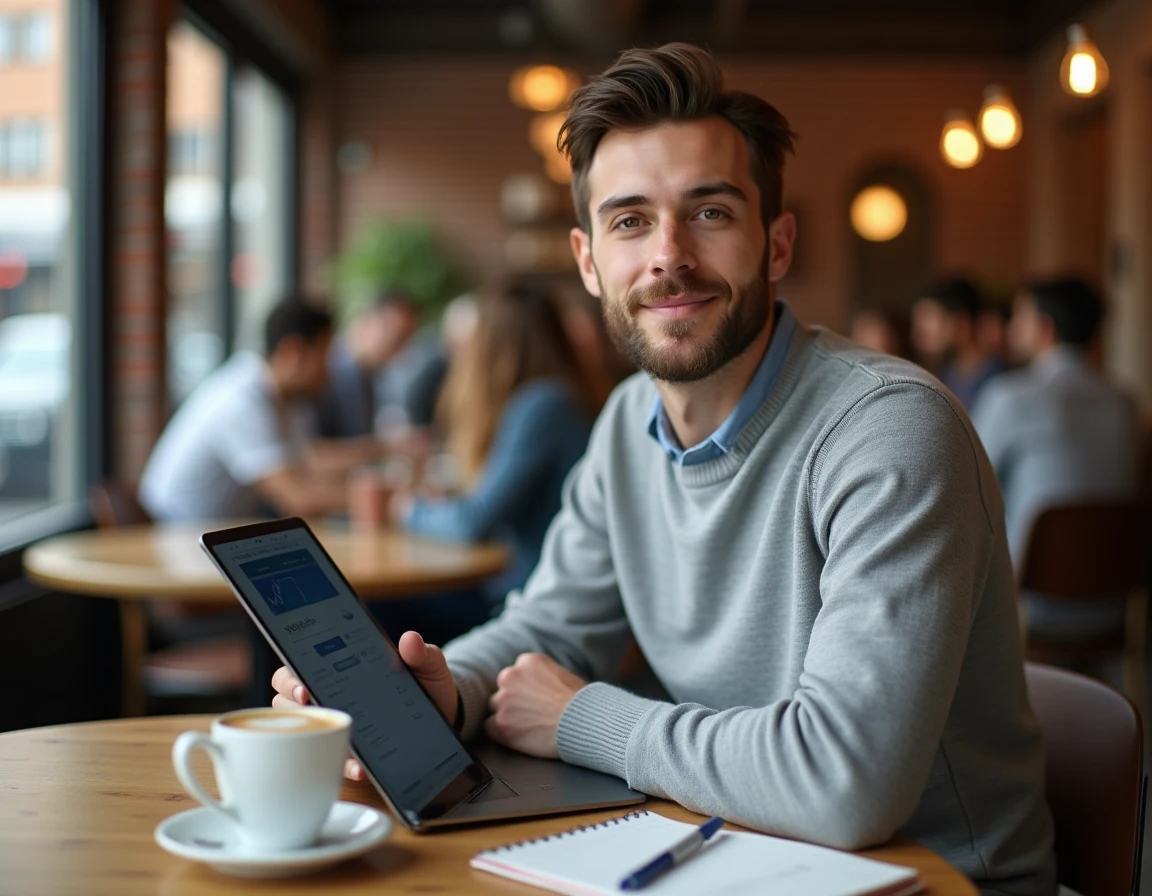 Jeune investisseur consultant son portefeuille boursier sur une tablette dans un café urbain