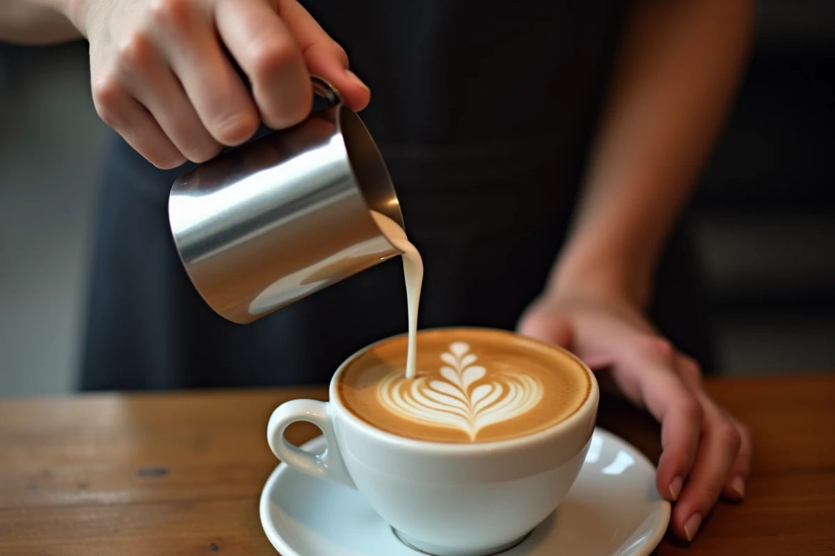 Mains versant du lait moussé dans un cappuccino avec un latte art en rosette, machine DeLonghi en arrière-plan