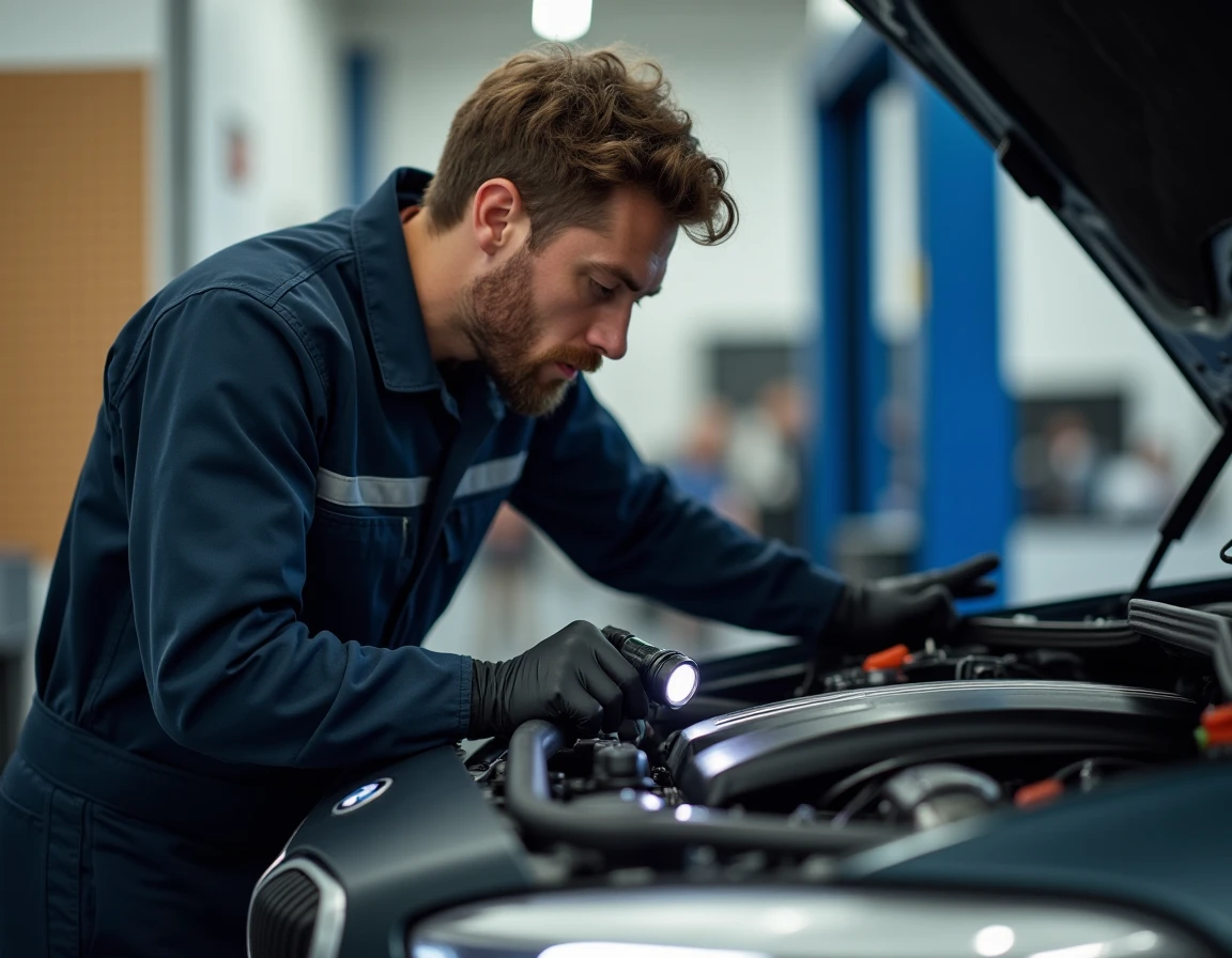 Mécanicien diagnostiquant un problème moteur sur une BMW M135i dans un garage automobile professionnel