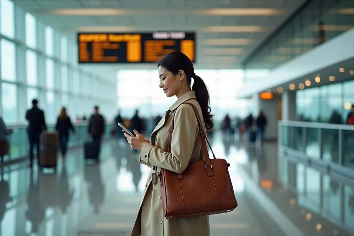Femme membre Flying Blue Platinum consultant son téléphone près d'une porte d'embarquement pour contacter le service dédié