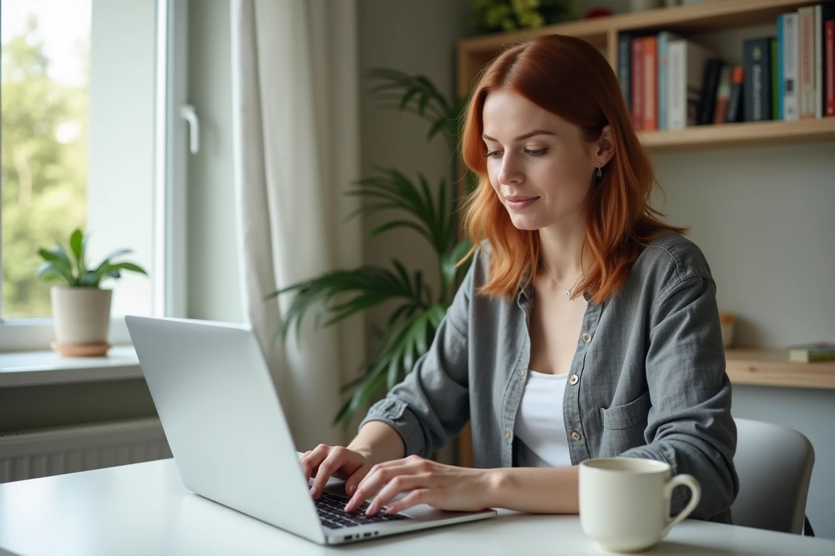 Mère consultant les actualités parentales sur un ordinateur portable depuis son bureau à domicile