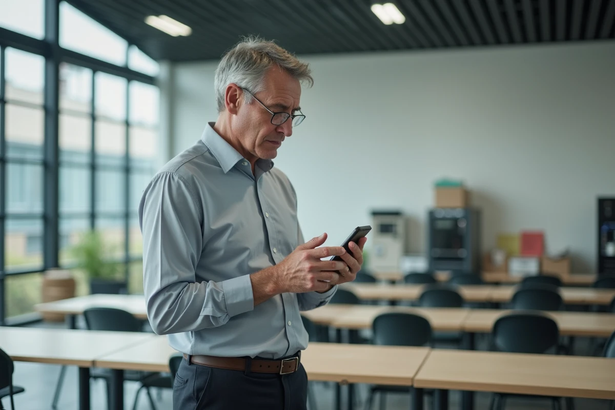 Personnel administratif de l'académie Aix Marseille gérant sa messagerie sur smartphone dans une salle des professeurs moderne