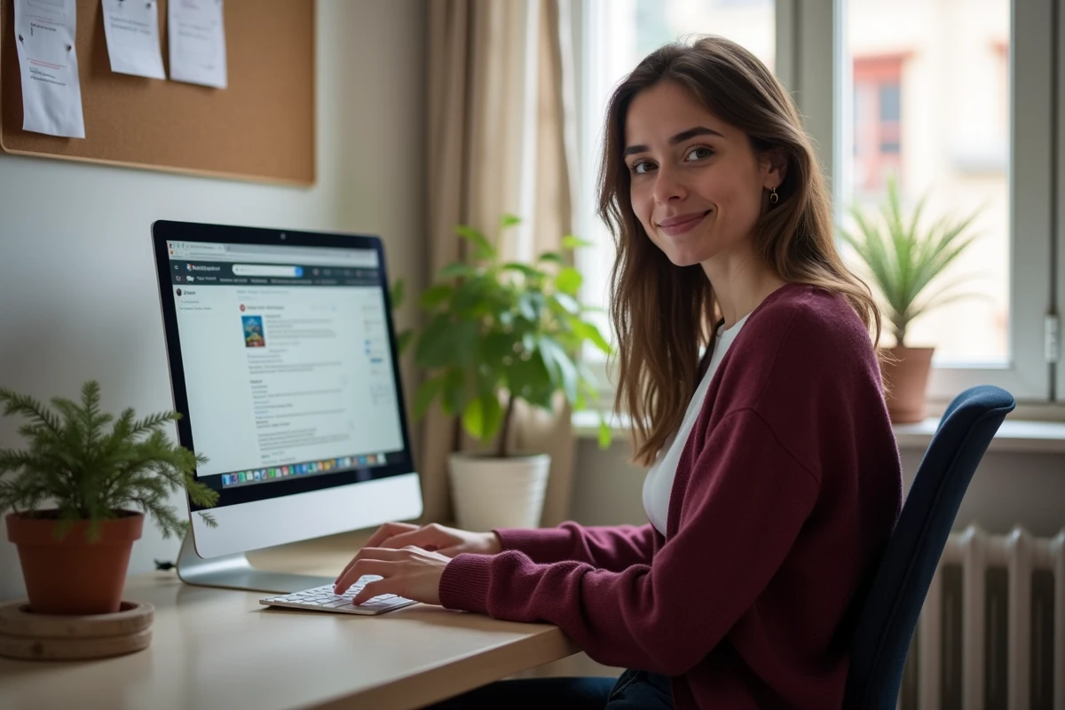 Professeure de l'académie Aix Marseille optimisant sa messagerie académique depuis son bureau à domicile sur ordinateur