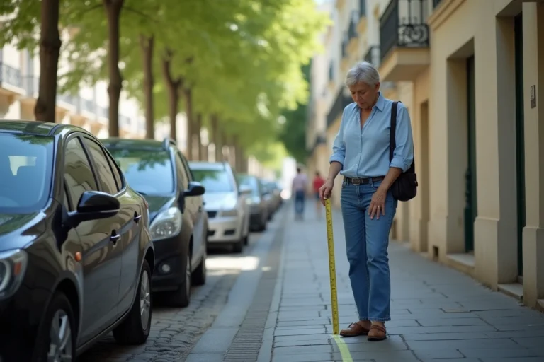 Femme française mesurant la distance entre deux voitures à Paris