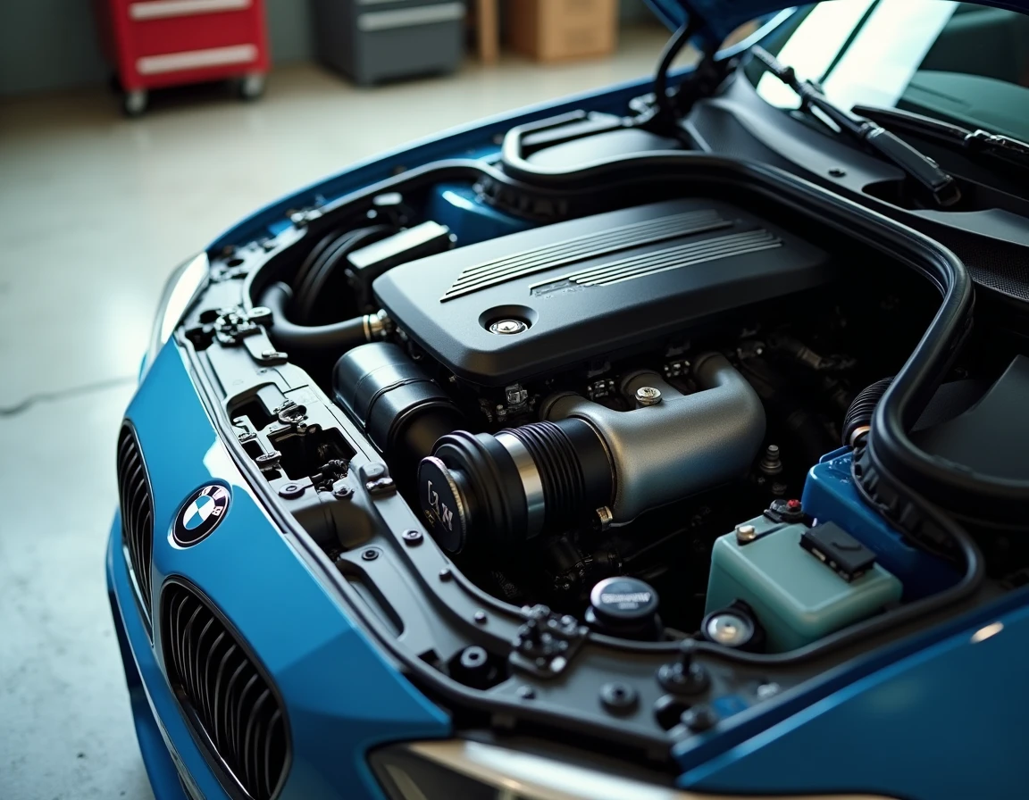 Compartiment moteur BMW M135i ouvert en atelier, montrant le bloc 4 cylindres turbo avec ses composants mécaniques visibles