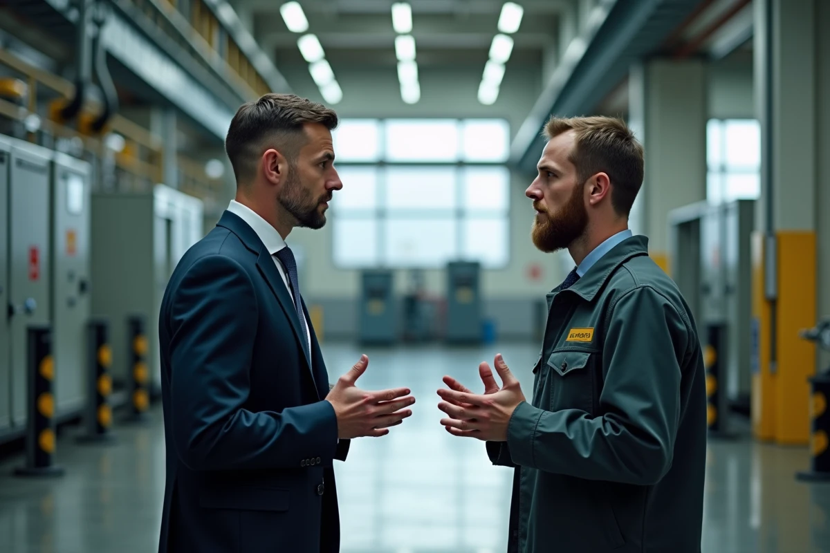 Négociation tendue entre un représentant de la direction et un salarié en uniforme dans un couloir industriel