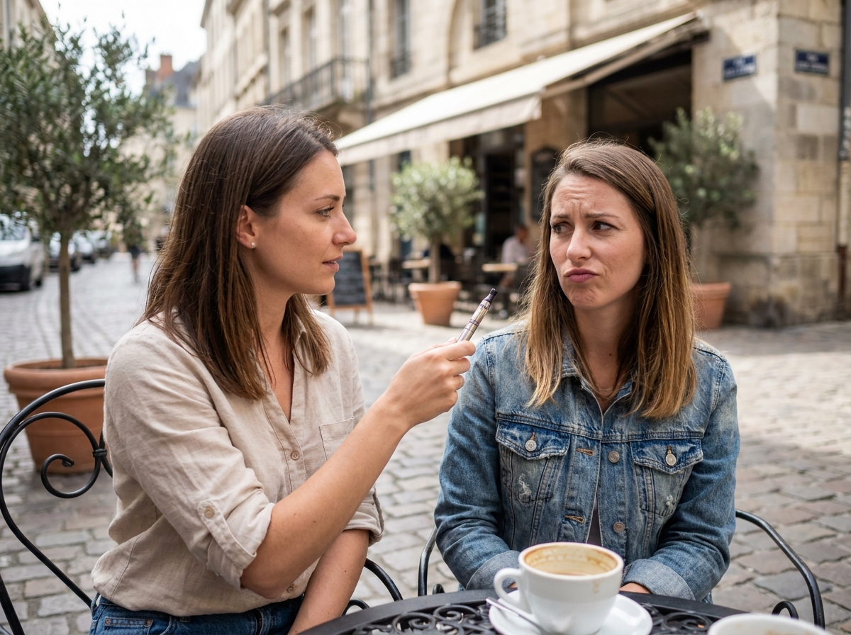 Deux femmes à une terrasse de café, l'une proposant sa cigarette électronique à l'autre qui hésite