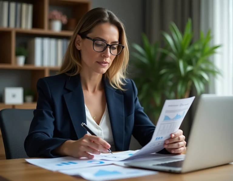 Petite investisseuse analysant des graphiques boursiers et des rapports financiers dans un bureau à domicile moderne