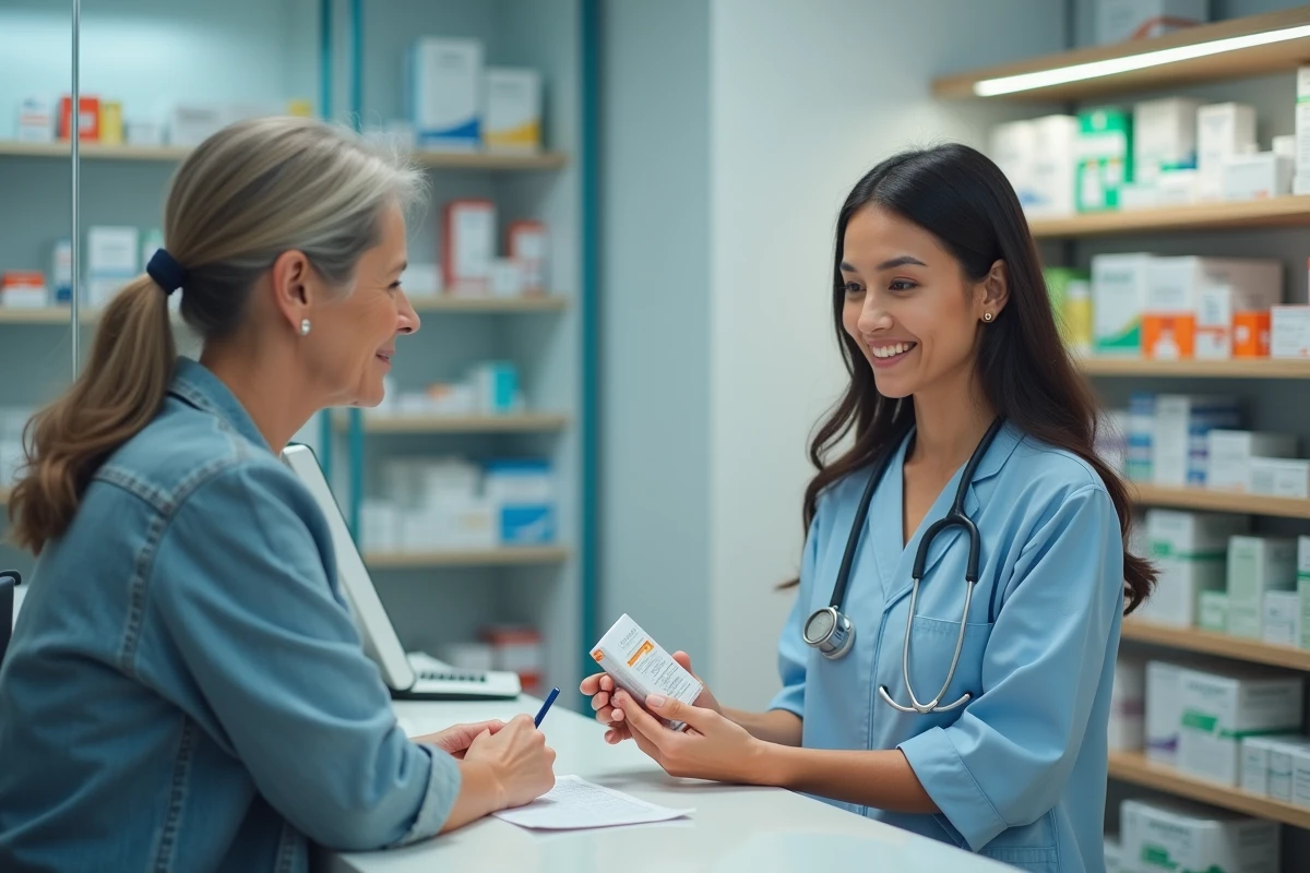 Pharmacienne expliquant un traitement injectable pour la perte de poids à une cliente en pharmacie