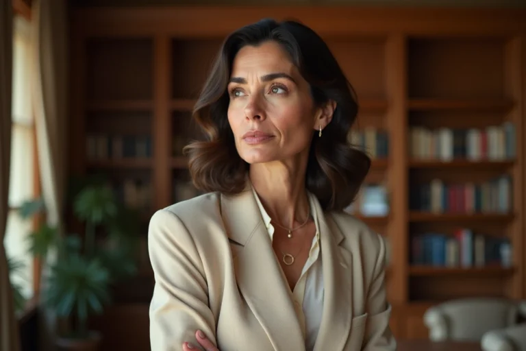 Portrait élégant d'une actrice française mature en veste de lin beige dans un intérieur parisien raffiné, ambiance éditoriale