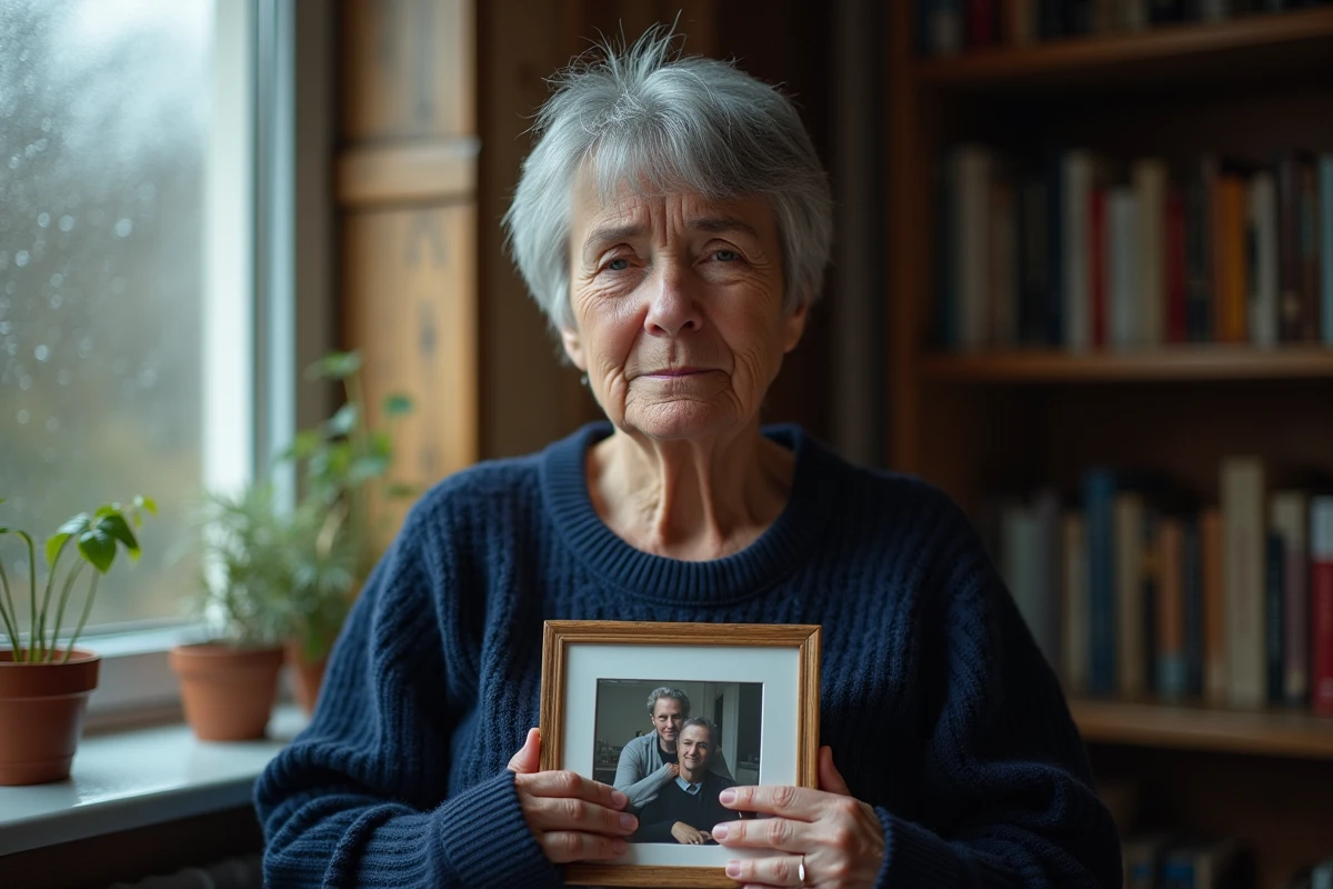 Portrait émouvant d'une femme tenant une photo de famille, regard triste, intérieur chaleureux et mélancolique illustrant le deuil familial