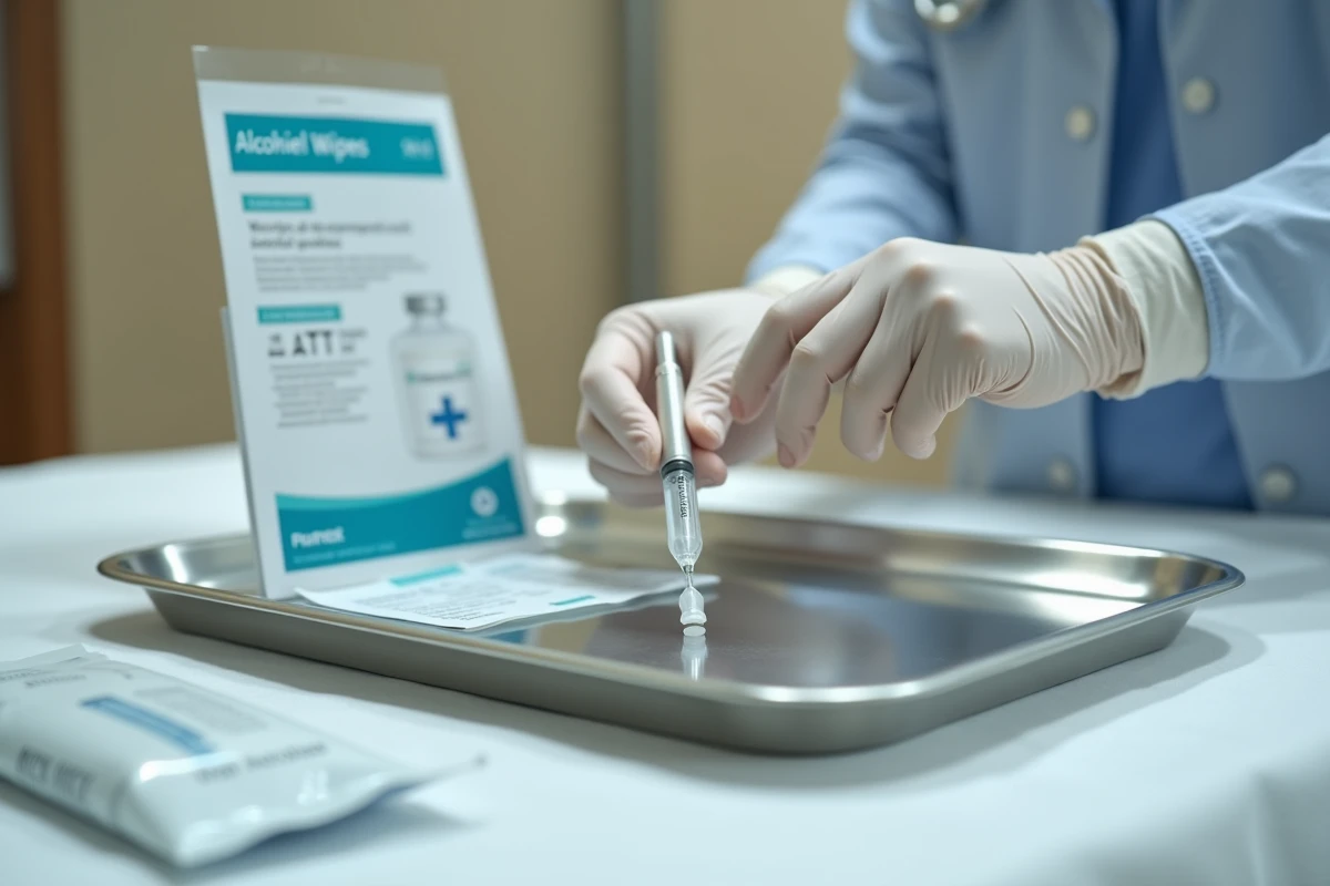 Gros plan sur un stylo injecteur médical préparé sur un plateau stérile pour une injection amaigrissante