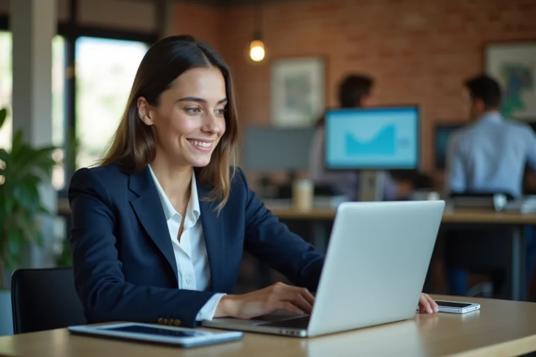 Professionnelle utilisant des outils digitaux pour améliorer la visibilité en ligne de son entreprise