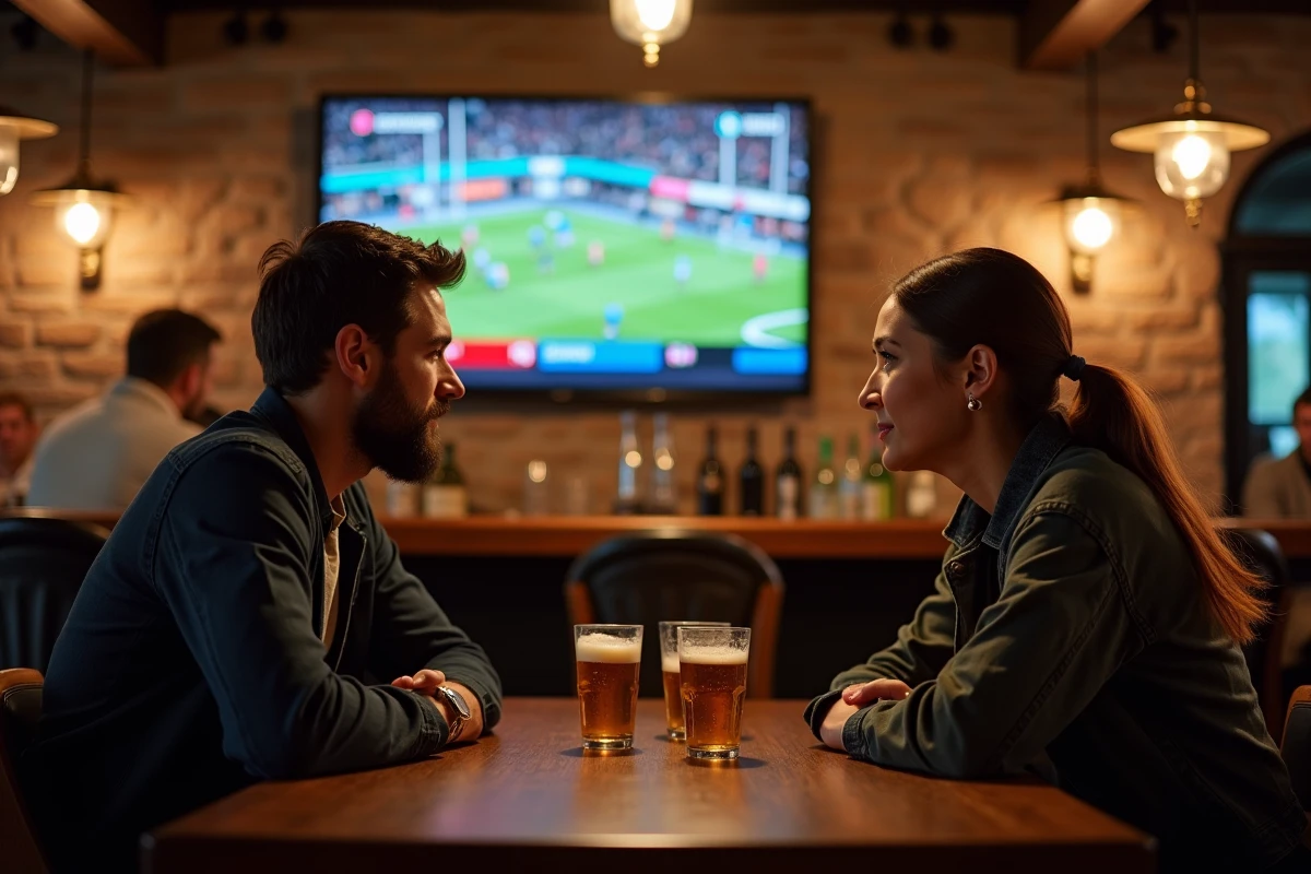 Deux amis regardant un match de Top 14 dans un bar comme alternative à l'abonnement Canal+