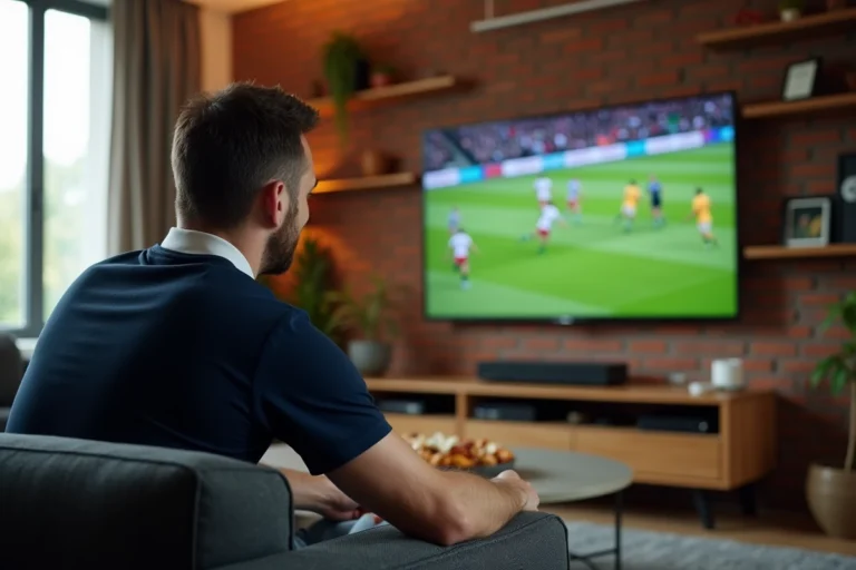 Homme regardant un match de Top 14 en direct sur sa télévision depuis son salon sans abonnement Canal+