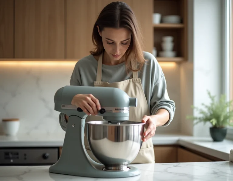 Femme retirant le bol d'un robot pâtissier Kenwood en cuisine moderne, geste précis de déverrouillage