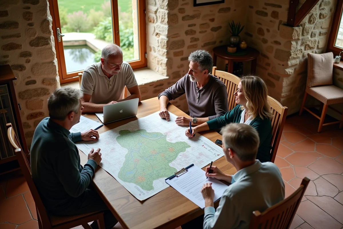 Groupe de quatre adultes réunis autour d'une table de ferme pour planifier l'achat collectif d'un étang avec cartes et ordinateur portable