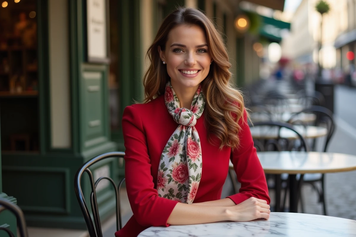 Jeune femme en robe rouge assise en terrasse avec une étole en soie à motifs floraux