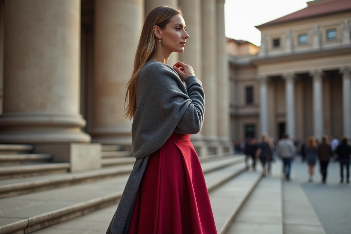 Femme en robe rouge longue avec étole cachemire grise devant un opéra européen