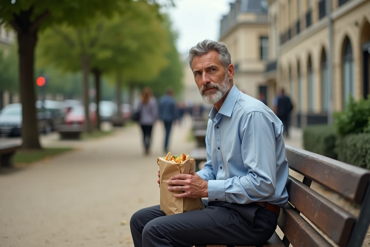 Salarié profitant de sa pause repas dans un parc urbain à proximité de son lieu de travail en France