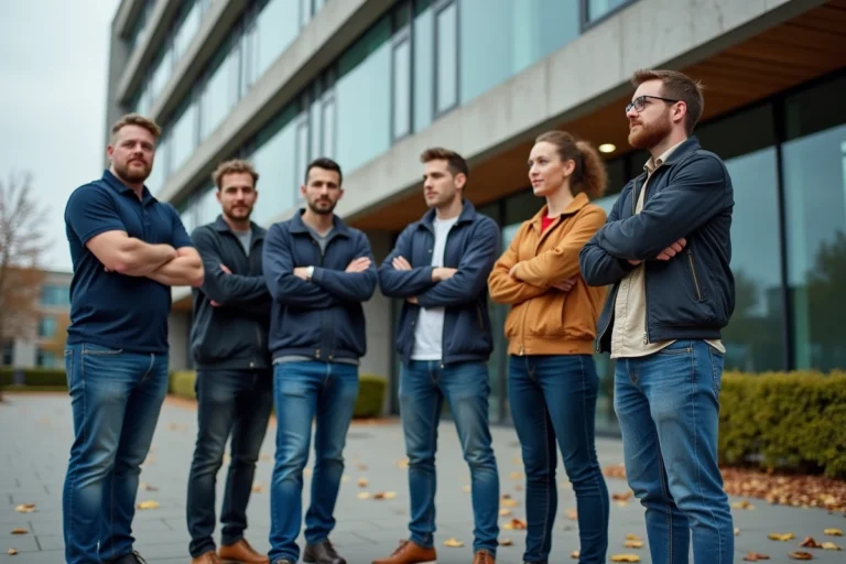 Groupe de salariés en grève devant un immeuble de bureaux moderne, tenant des pancartes syndicales avec des expressions déterminées