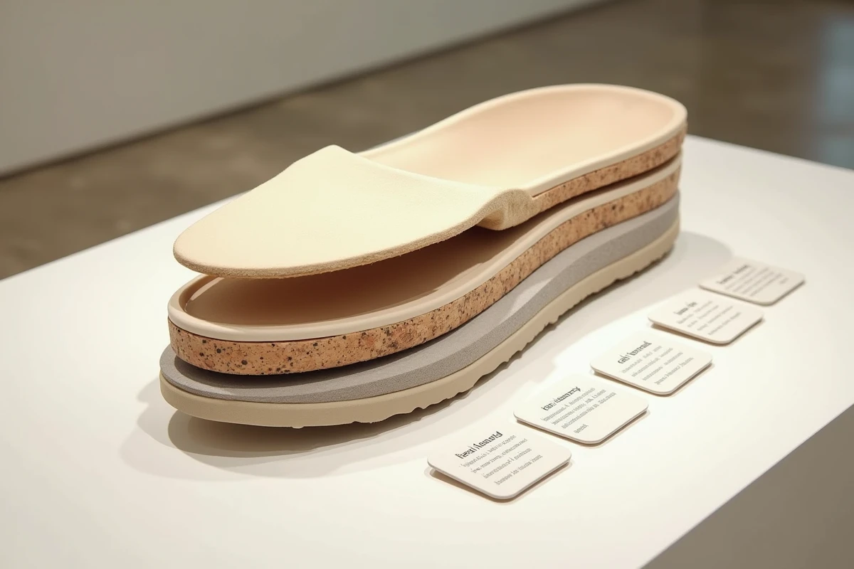 Gros plan sur la semelle anatomique Birkenstock découpée montrant les couches de liège, latex et support d'arche plantaire