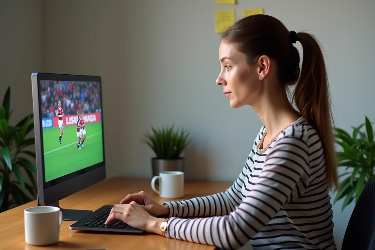 Femme regardant le Top 14 en streaming sur un ordinateur portable comme alternative à Canal+