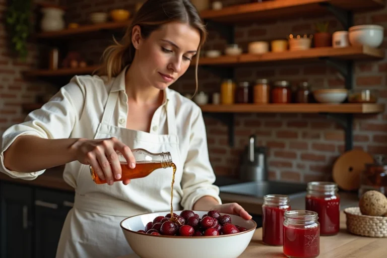 Femme versant un substitut d'alcool dans un bol de fruits macérés dans une cuisine rustique