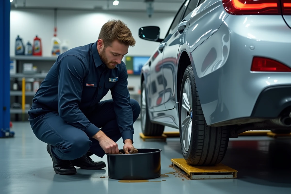 Technicien BMW effectuant une vidange d'huile moteur sous une voiture surélevée dans un atelier officiel