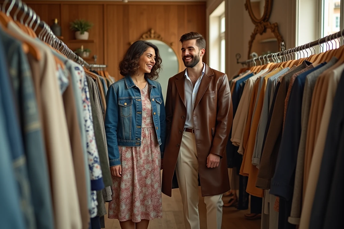 Deux amies aux styles contrastés explorant une boutique vintage, tendances mode saison avec veste en denim patchwork et trench coat marron