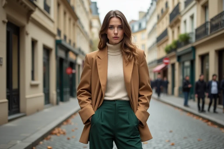 Femme élégante portant un blazer oversize camel et un pantalon large vert forêt dans une rue parisienne en automne, tendances mode de la saison