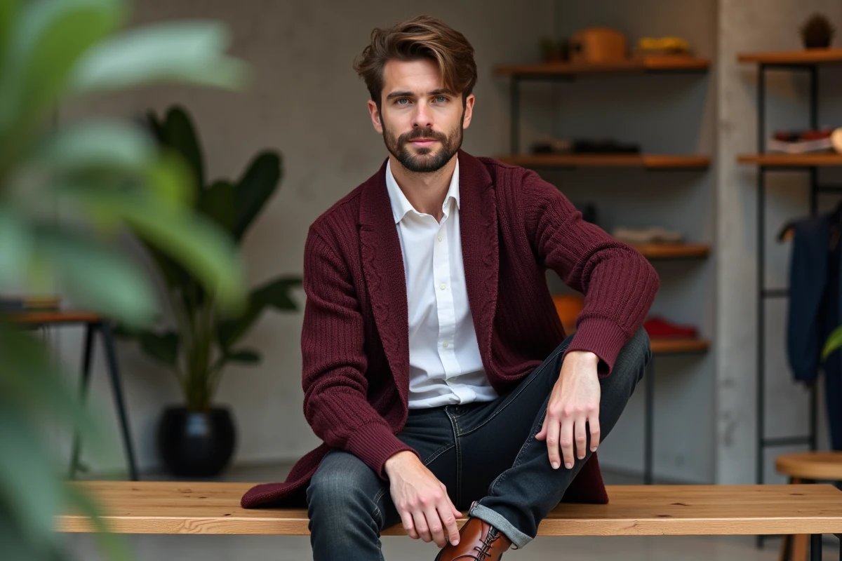Homme tendance en cardigan bordeaux et jean slim dans un concept store minimaliste, look mode masculin automne-hiver