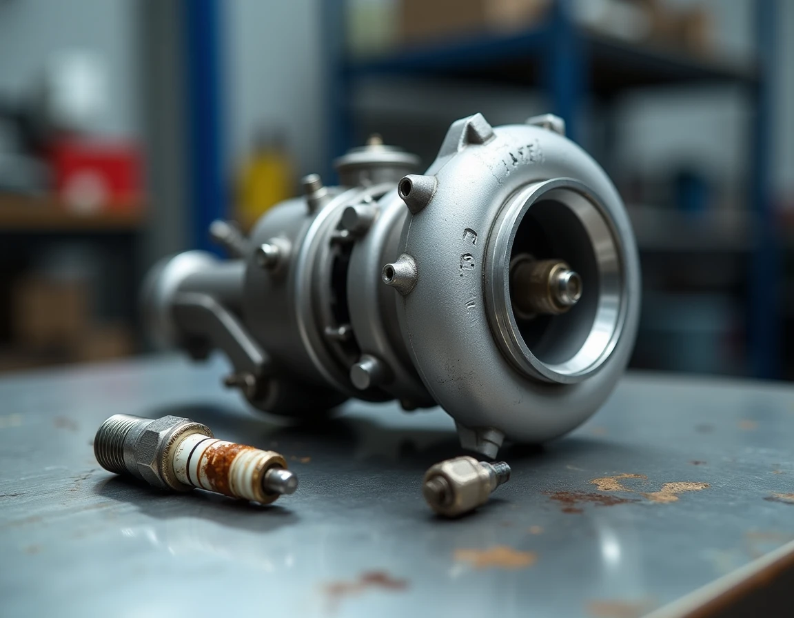 Turbocompresseur et pièces usées d'une BMW M135i posés sur un établi de garage pour inspection mécanique