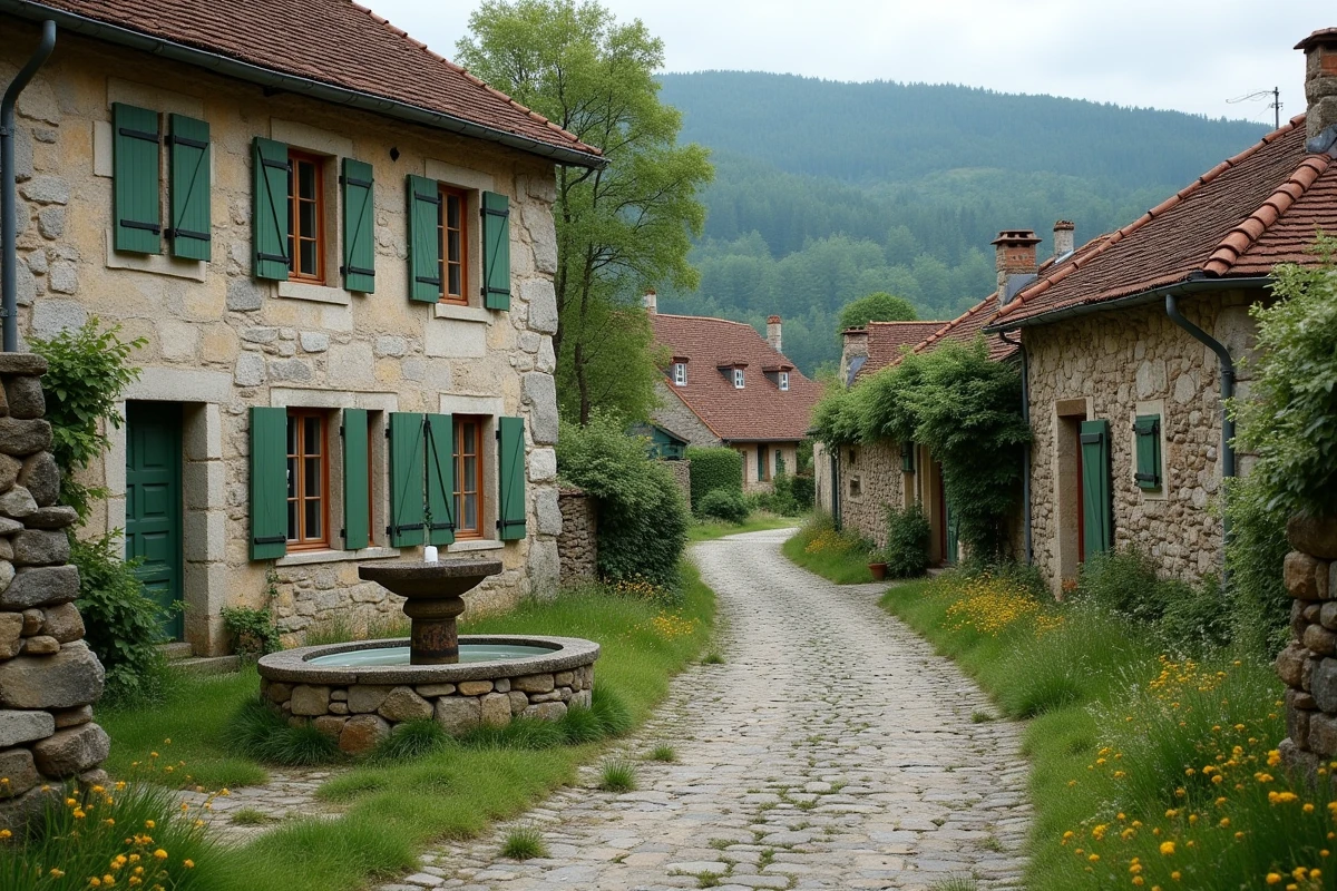 Village rural typique de Corrèze avec architecture en pierre de granite, ruelles étroites et paysage de collines boisées verdoyantes