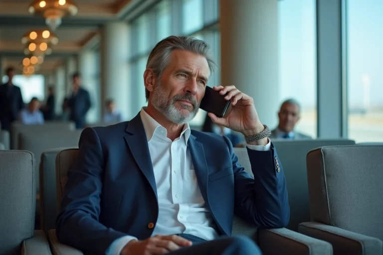 Voyageur en costume bleu téléphonant au service client Flying Blue Platinum dans un salon d'aéroport premium